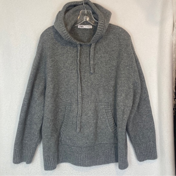 Zara Oversized Sweater Womens Pullover Hoodie Small Grey Kangaroo Pocket - Picture 1 of 5